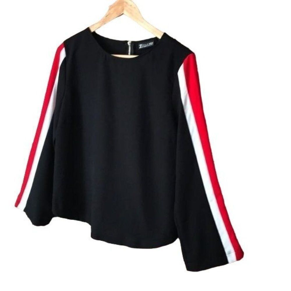 NWT New York & Company Medium Black With Red White Stripe Long Sleeve Top